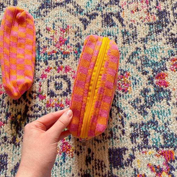 3pcs Checkered Pink & Orange Travel Cosmetics Bag Set 🧡 - Picture 5 of 9